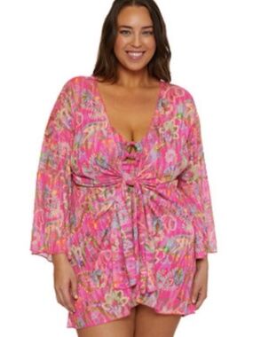 Becca Women's Plus Size Polynesia Tie-Front Tunic Swim Cover-Up 2X 6092
